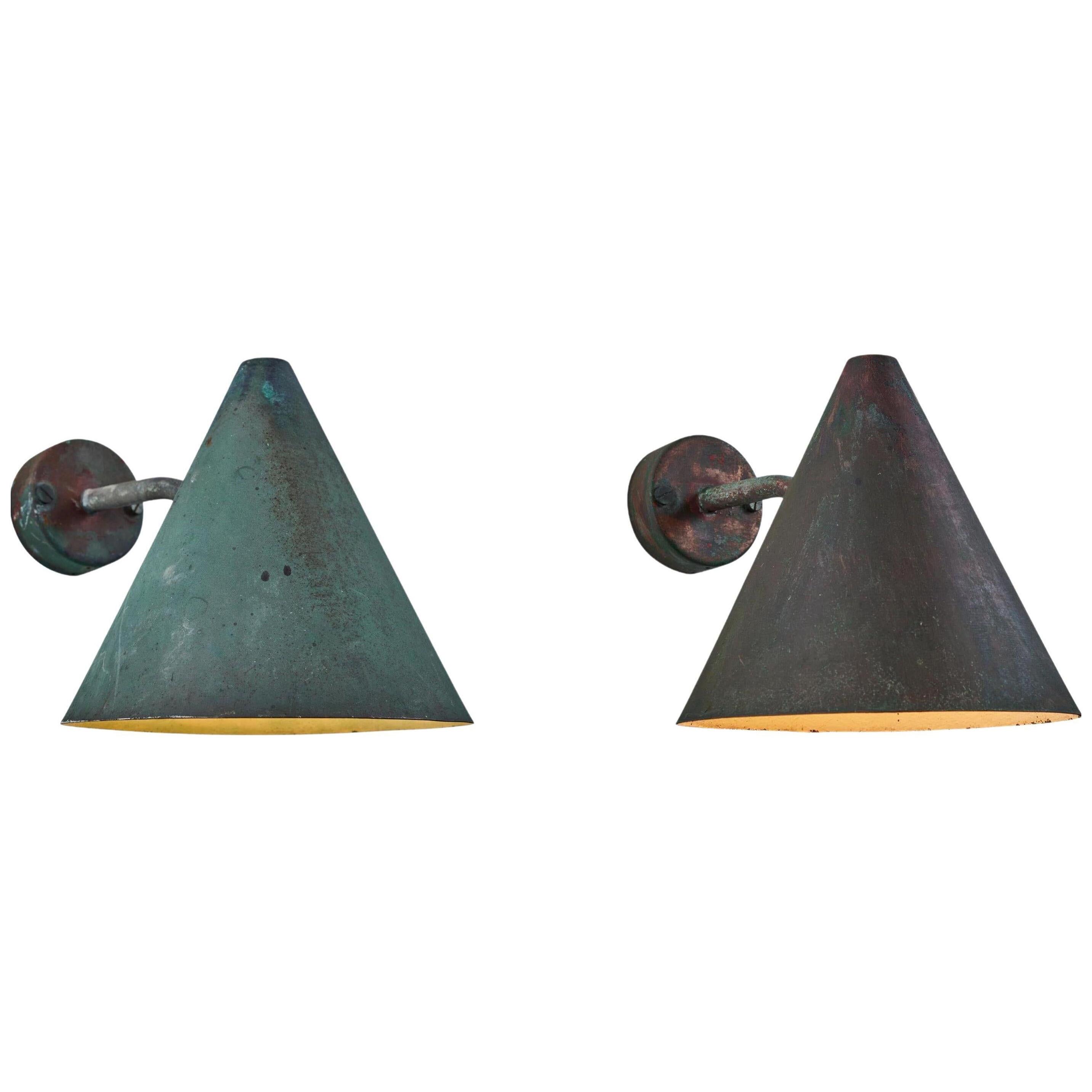 Pair of 1950s Hans-Agne Jakobsson 'Tratten' Patinated Copper Outdoor Sconces