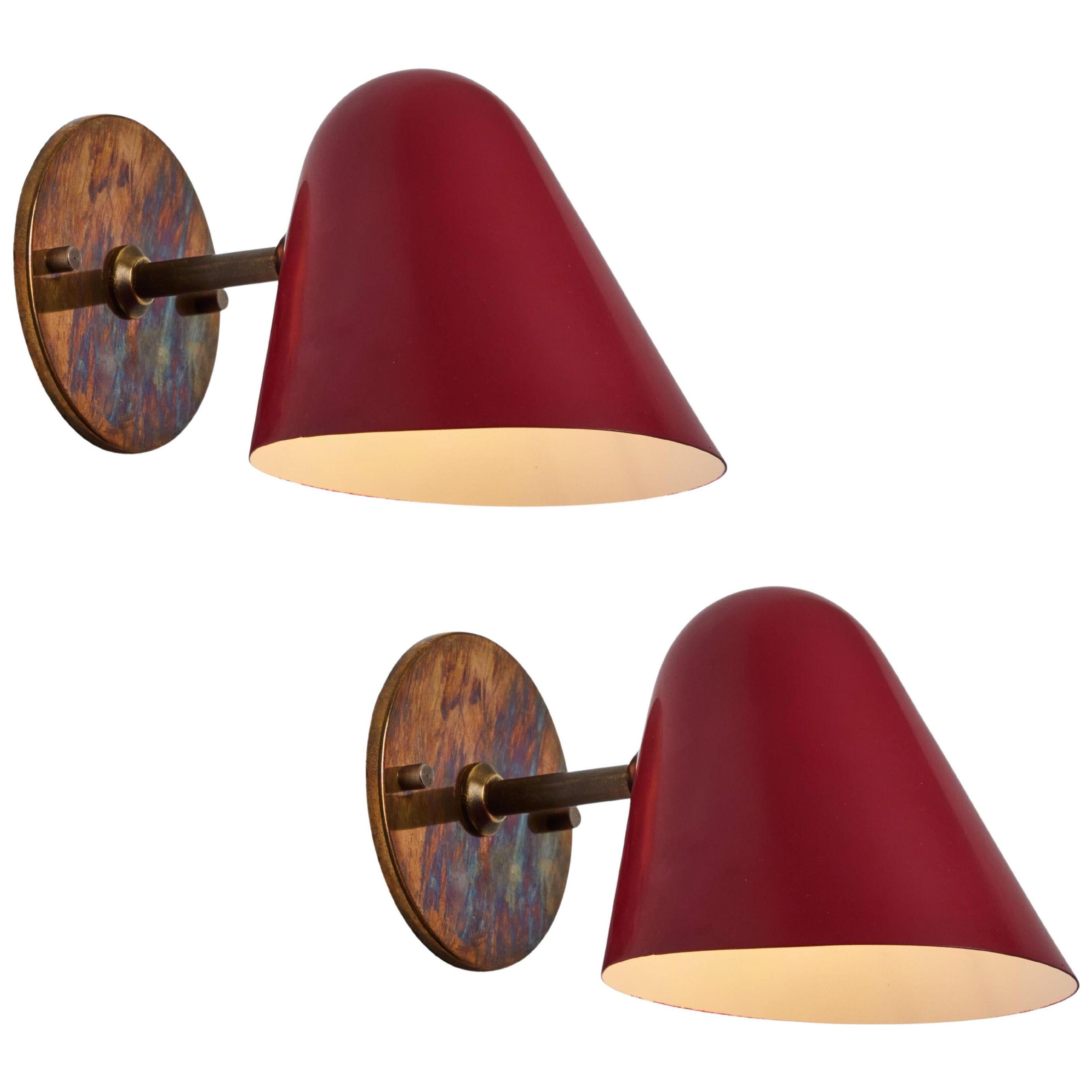Pair of 1950s Jacques Biny Red Metal & Brass Wall Lights