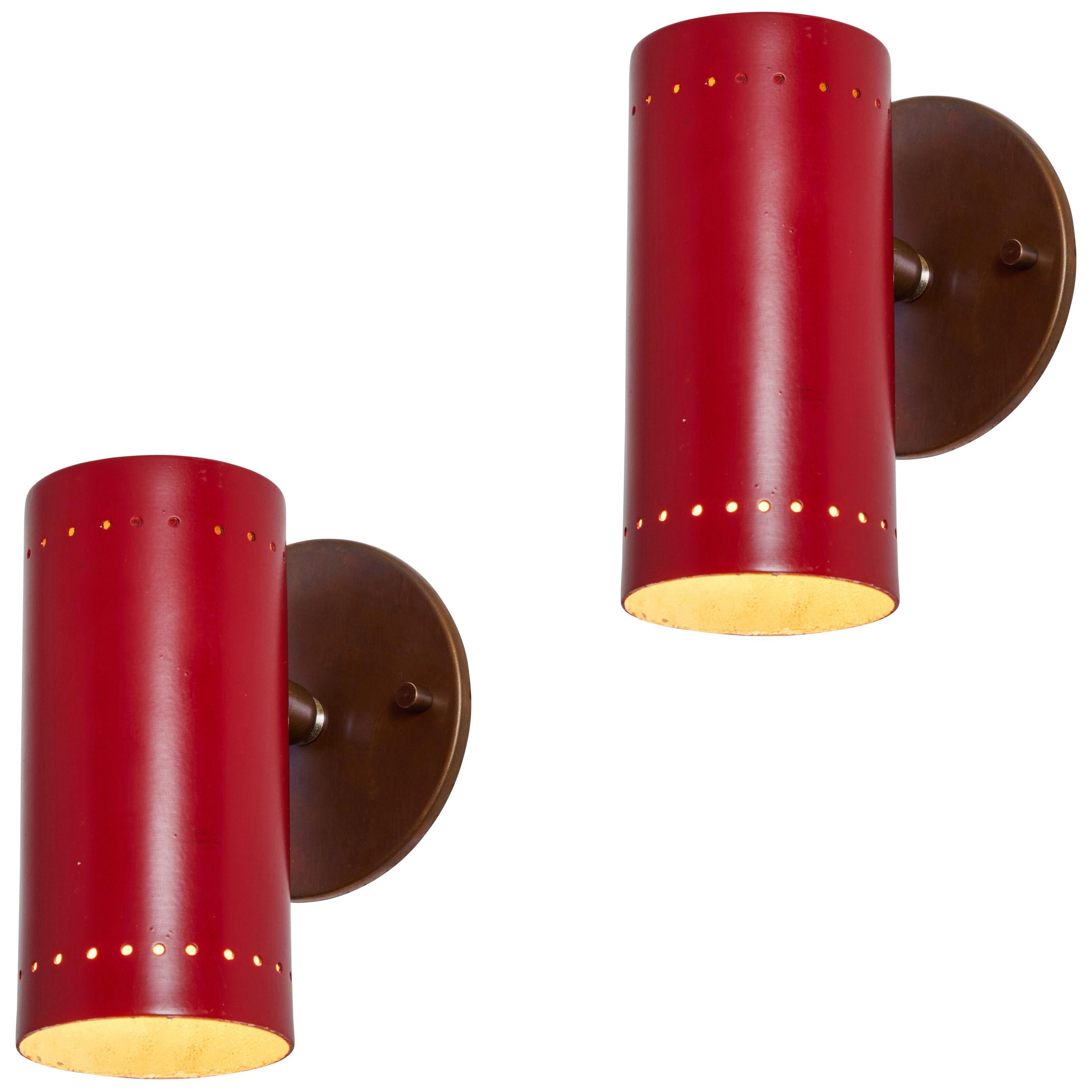 Pair of 1960s Tito Agnoli Red and Brass Articulating Sconces for O-Luce
