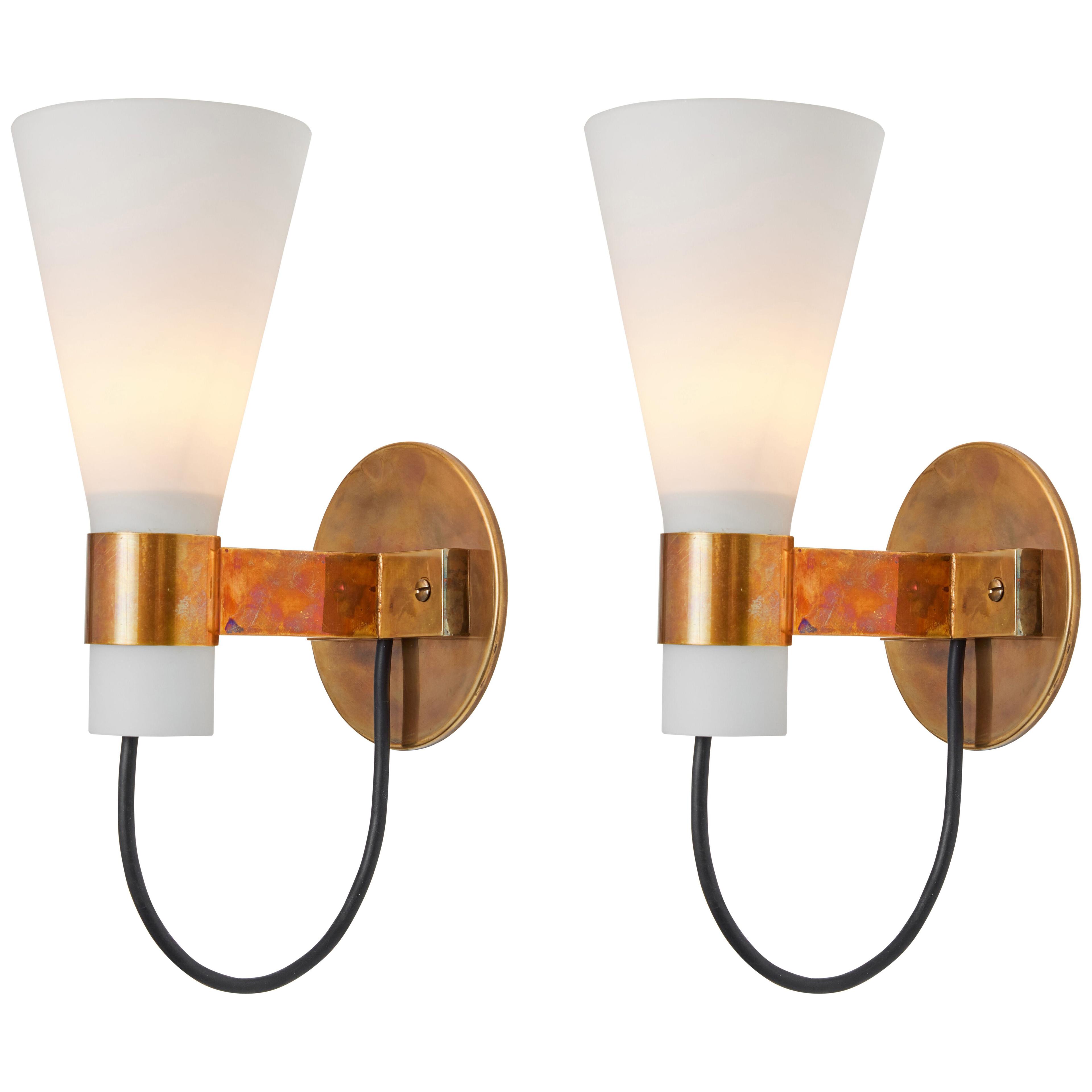 Pair of 1950s Brass and Conical Opaline Glass Sconces Attributed to Stilnovo
