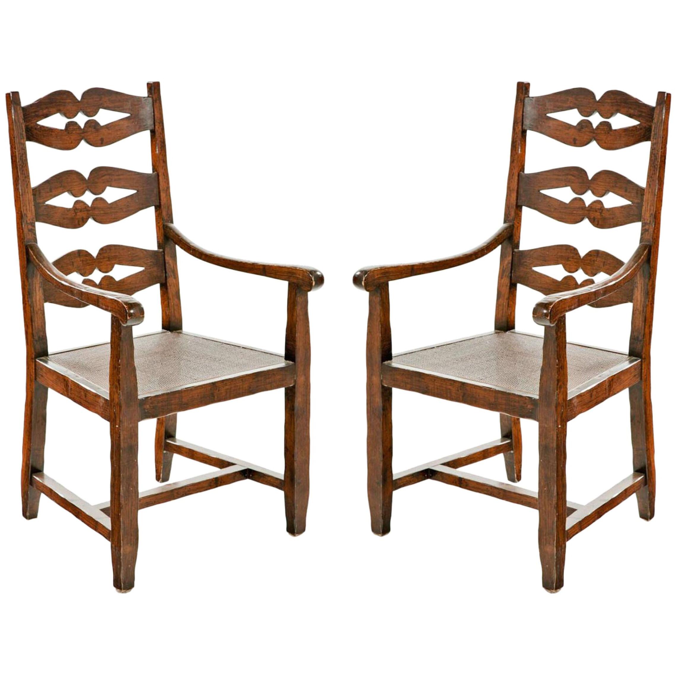 English Ladderback Arm Chairs with Caning - a Pair