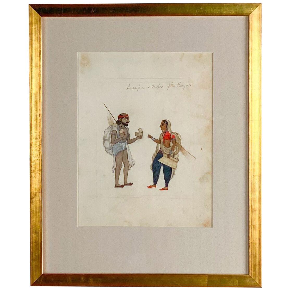 Sketch of Workers in Pencil and Gouache, India, circa 1850 in later frame
