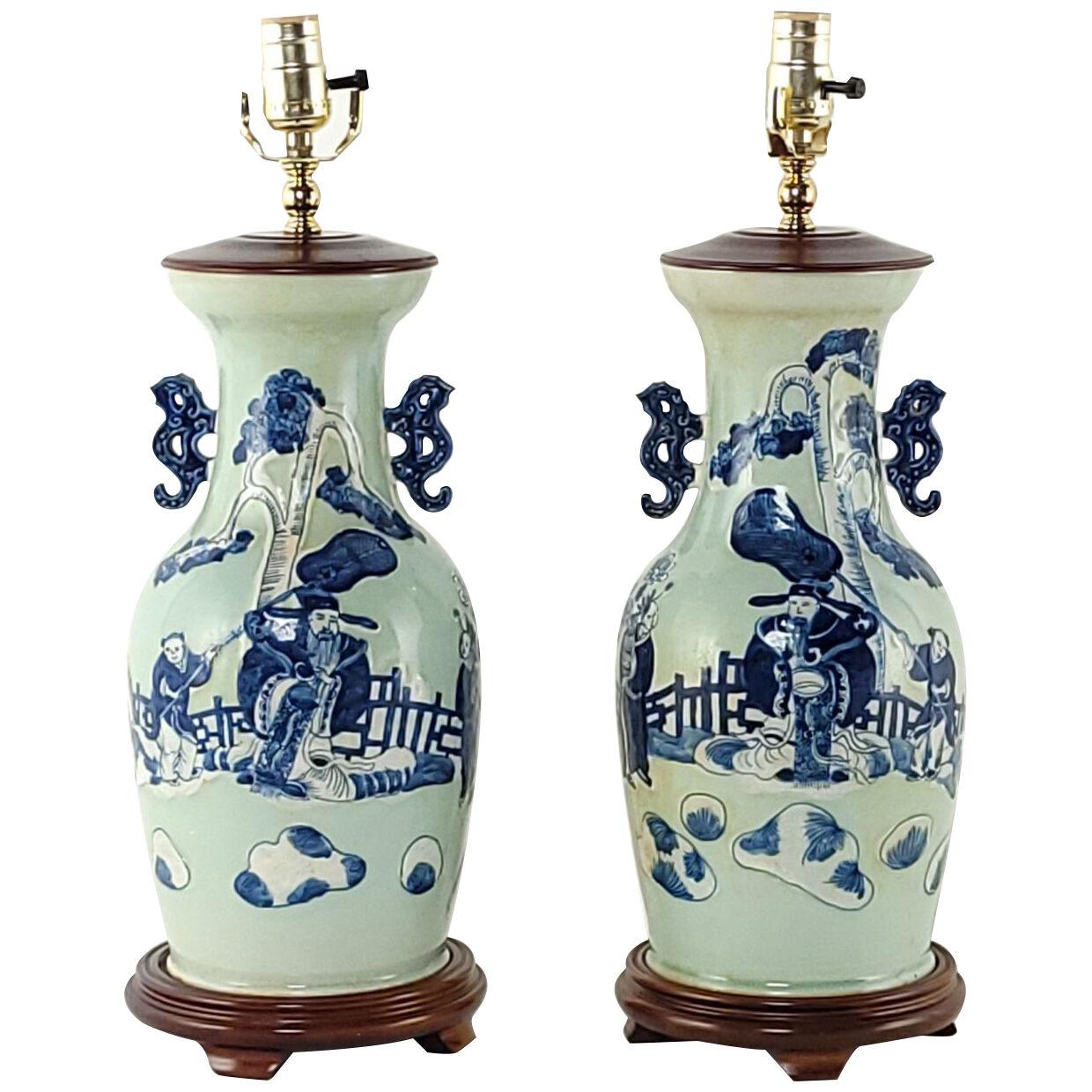Pair 19th century Chinese celadon & blue vase lamps, c. 1880