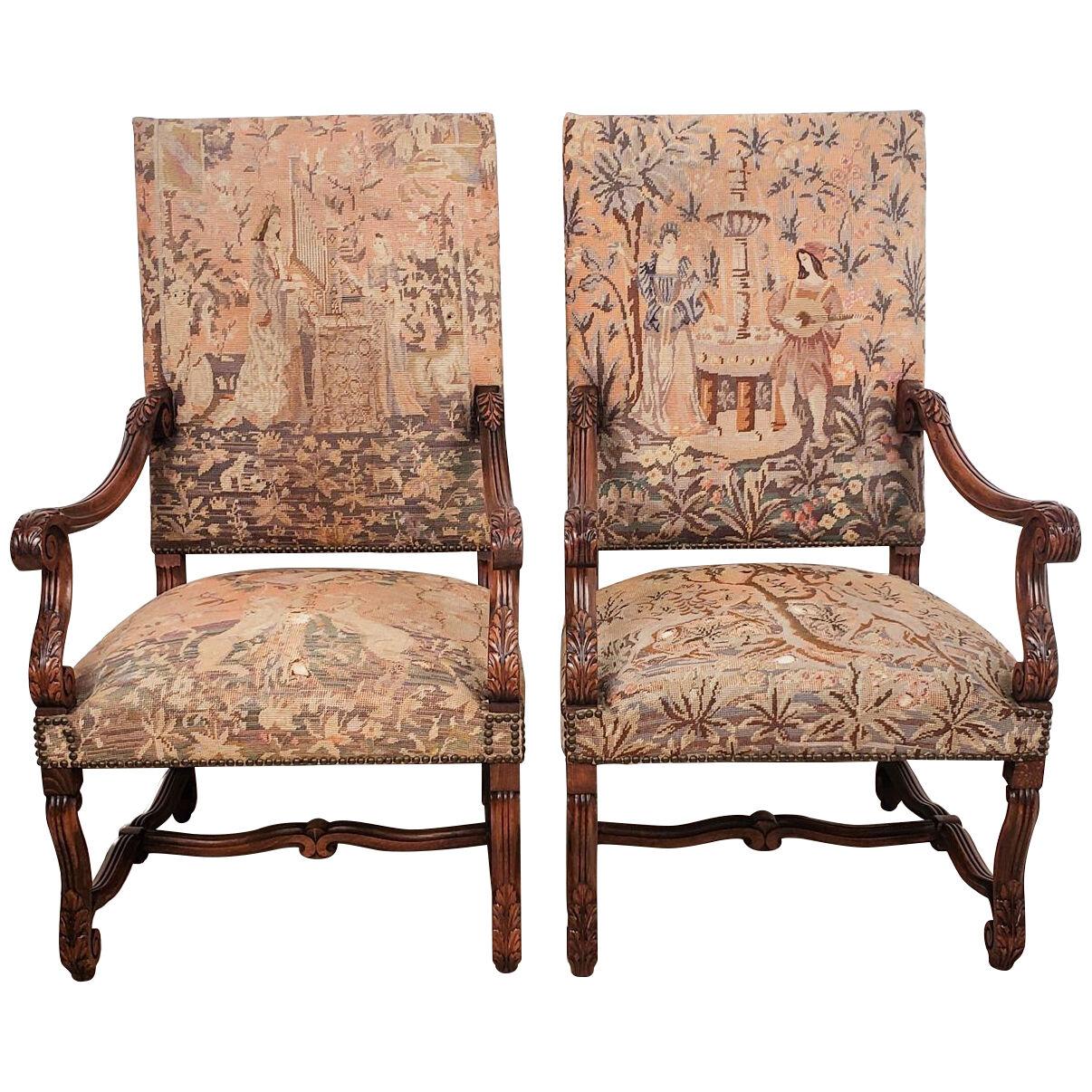 Pair of French Large Armchairs, Louis XIV Style, in Old Upholstery, circa 1900