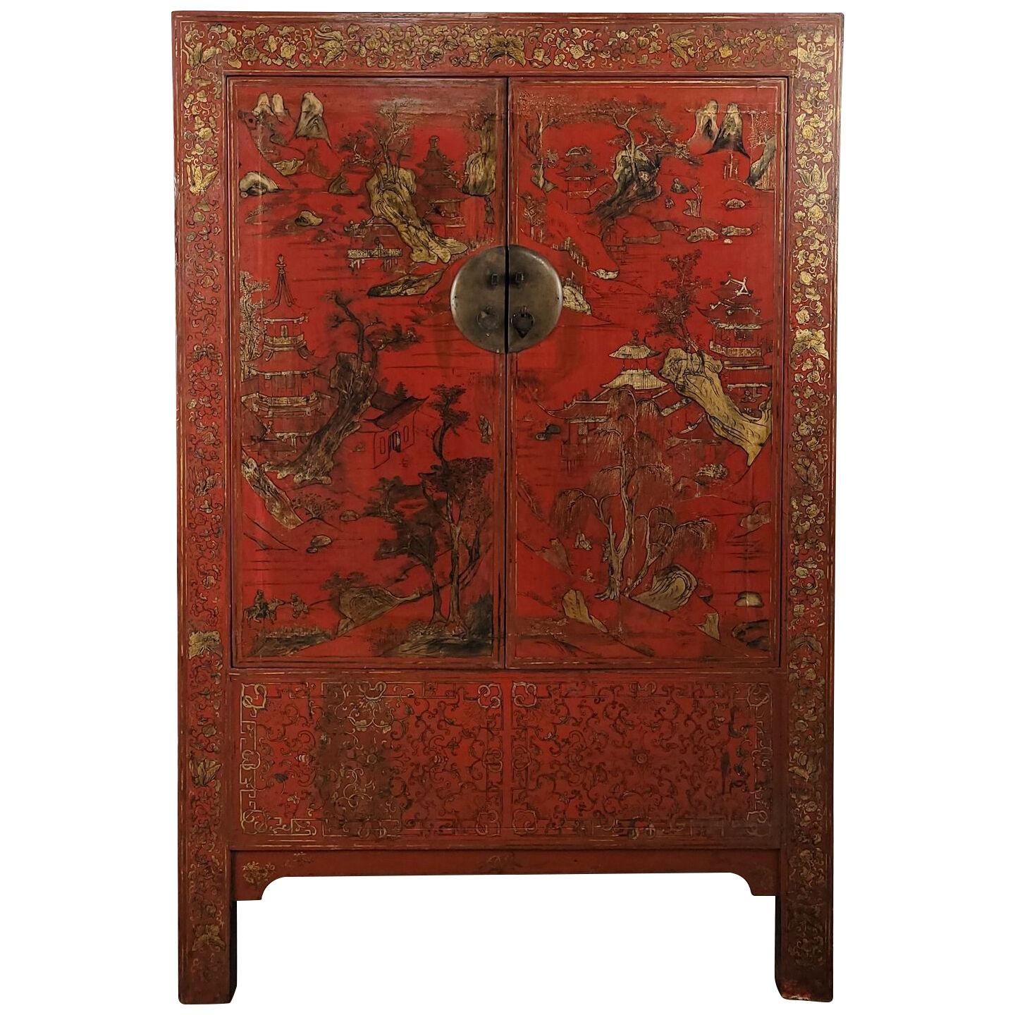 Chinese Red Lacquer Wedding Cabinet, Shangxi, circa 1880