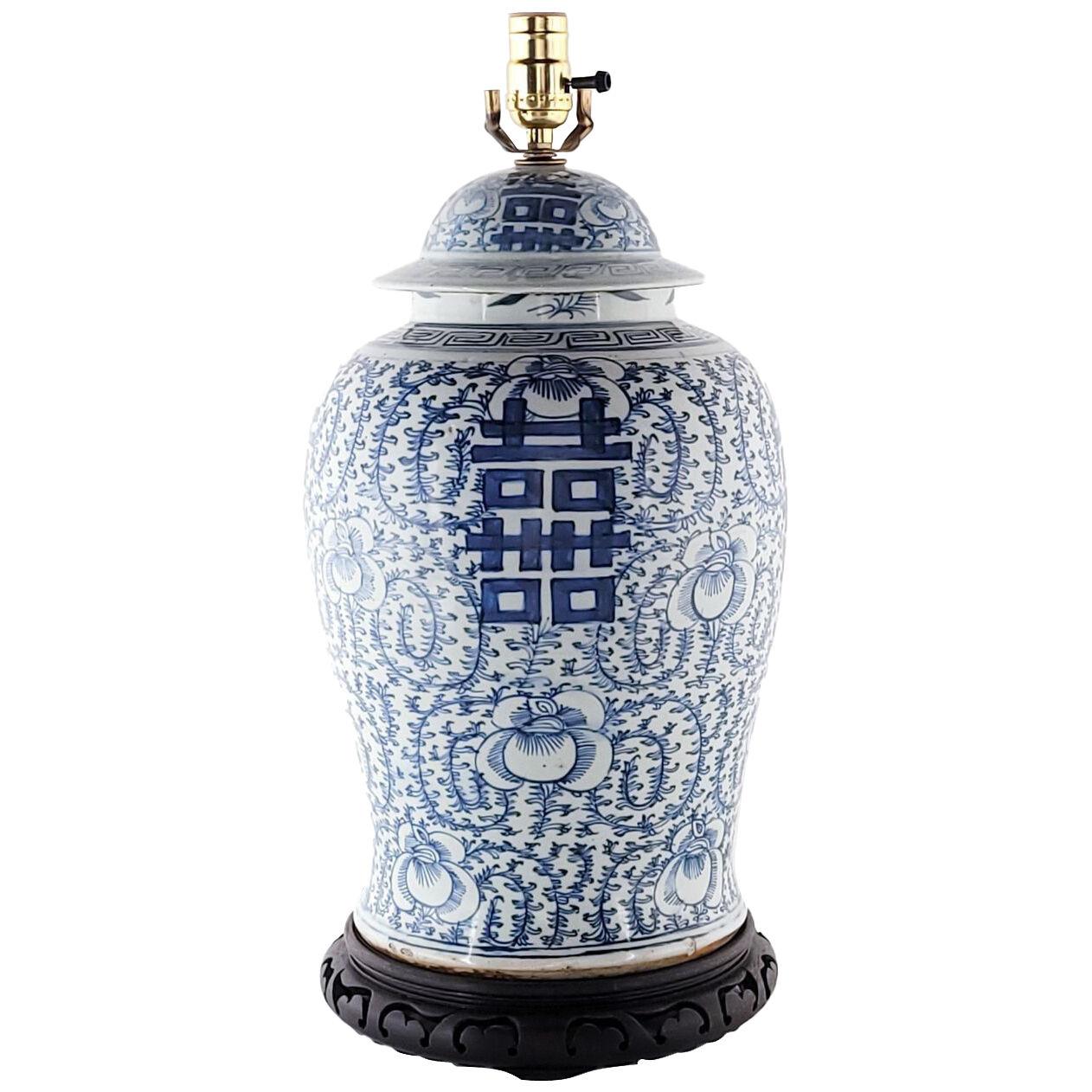 Antique Chinese Blue and White Large Ginger Jar Mounted as a Lamp