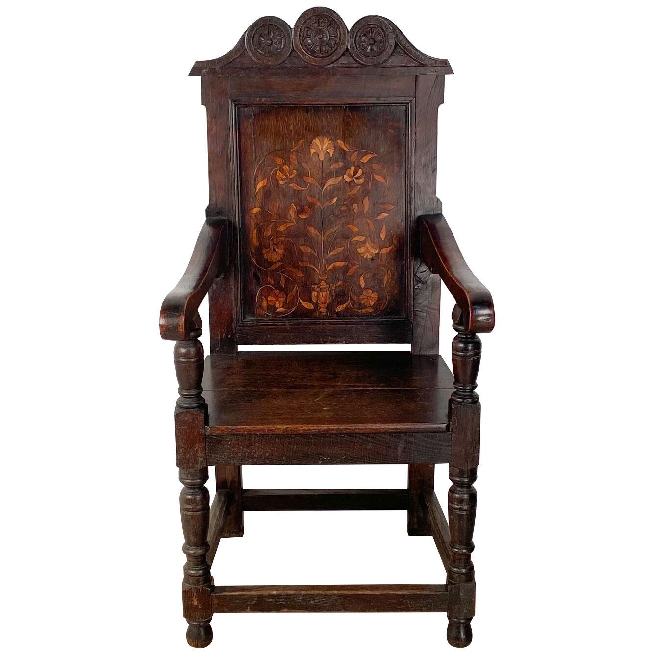 Charles II Oak Armchair with Inlaid Floral Back Panel, circa 1680