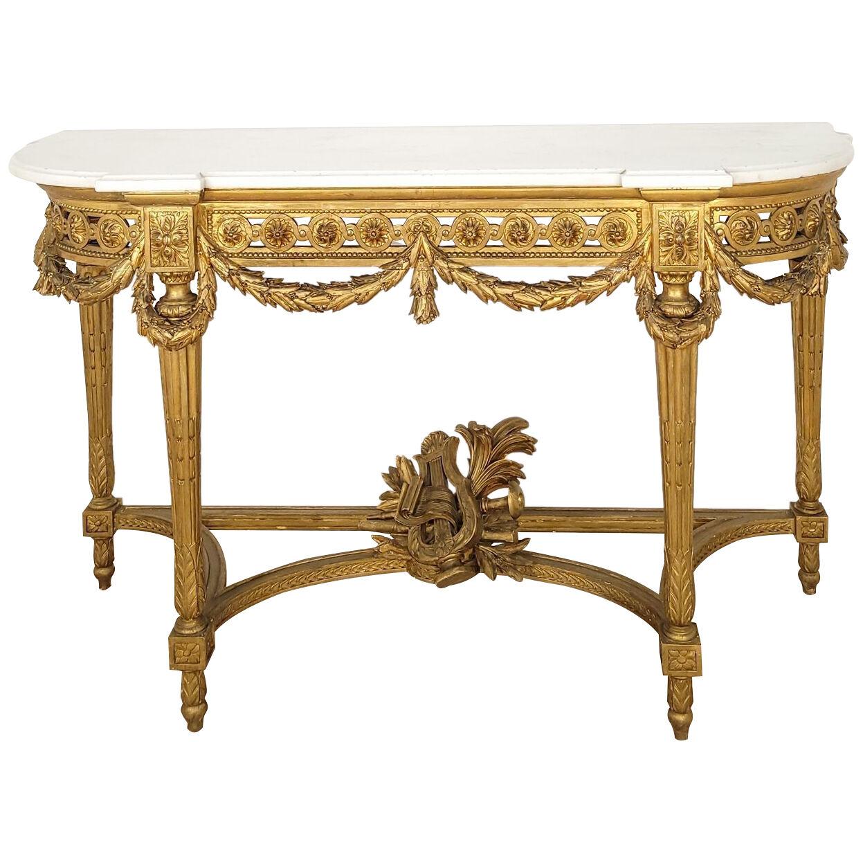 Vintage Console, Louis XVI Style, Giltwood and White Marble, circa 1900