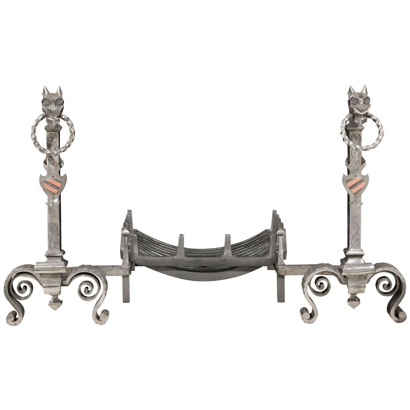 Wrought Iron Gothic Style Antique Fire Dogs