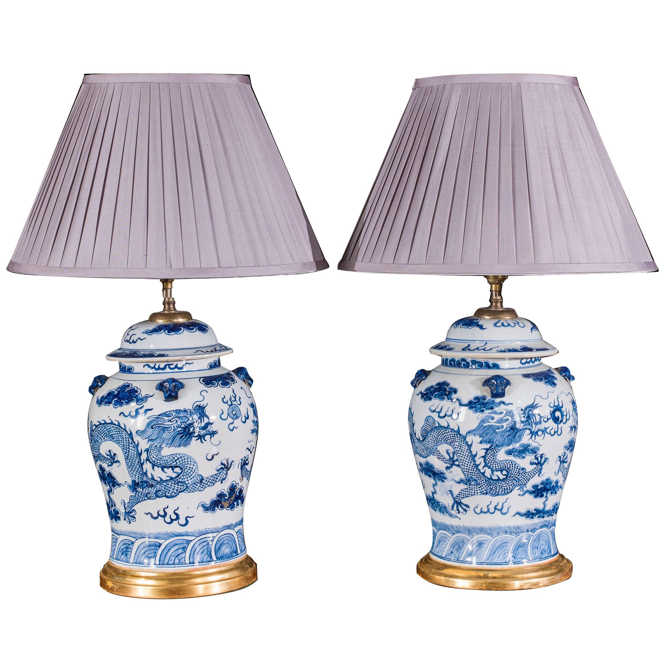 Grand Blue and White Chinese Vase Lamps