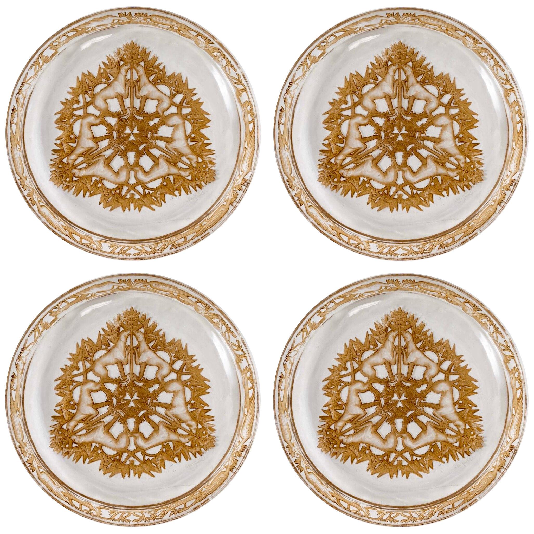 1914 René Lalique - Set of 4 Plates Dishes "Chasse Chiens" Glass Sepia Patina