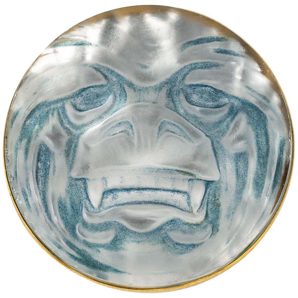 1911 René Lalique - Brooch Masque Frosted Glass On Silver Foil With Blue Patina