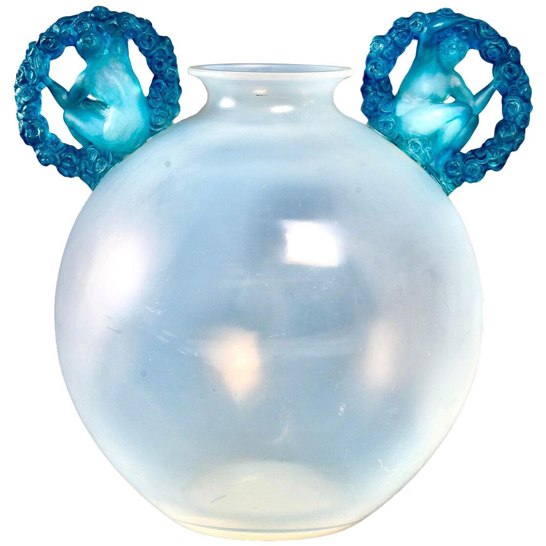 1926 René Lalique - Vase Ronsard Opalescent Glass With Blue Patina