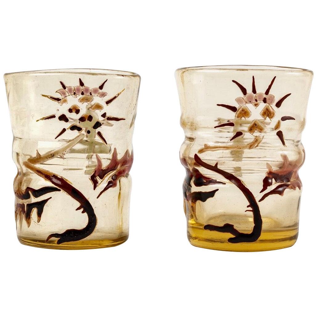 Emile Gallé - Two Sake Liquor Glasses With Thistles Yellow Enameled Glass