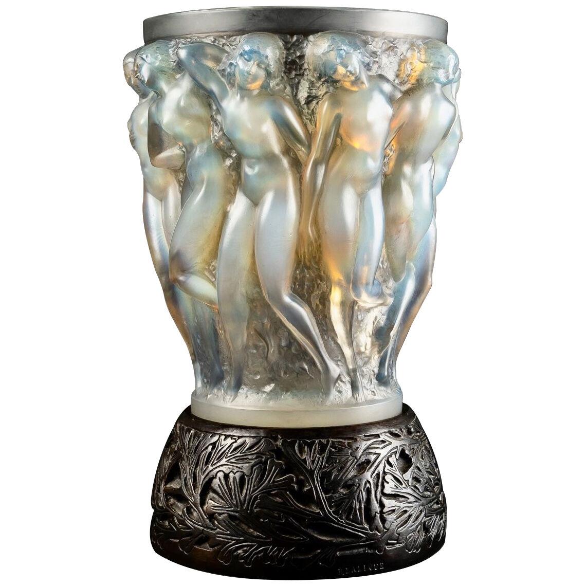 1927 René Lalique Vase Bacchantes Opalescent Glass Grey Patina Bronze Base