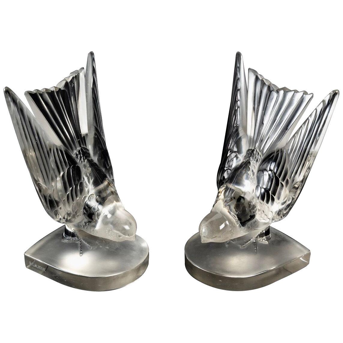 1942 René Lalique - Pair Of Bookends Hirondelles B Frosted Glass