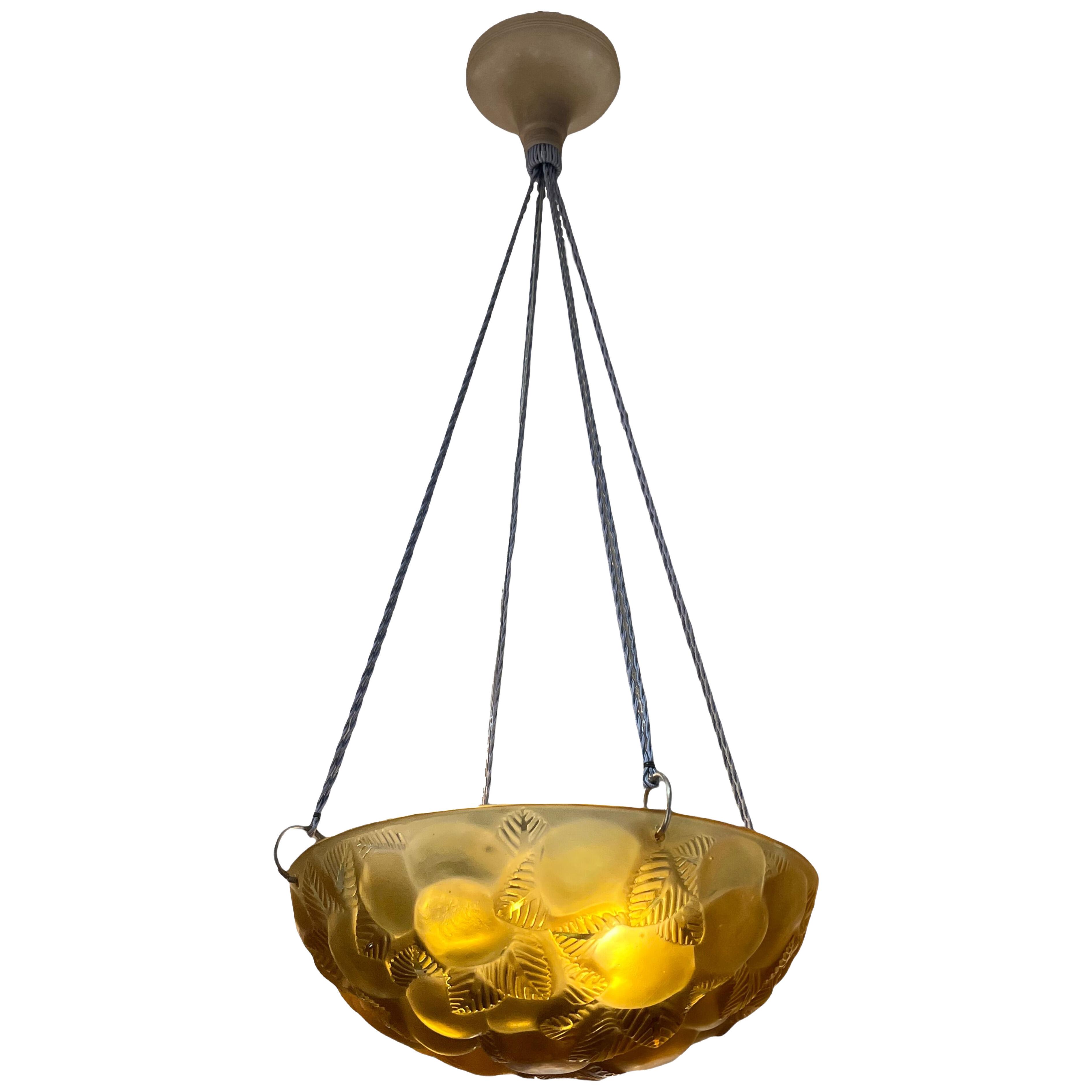 1929 René Lalique - Ceiling Fixture Light Chandelier Lausanne Yellow Amber Glass