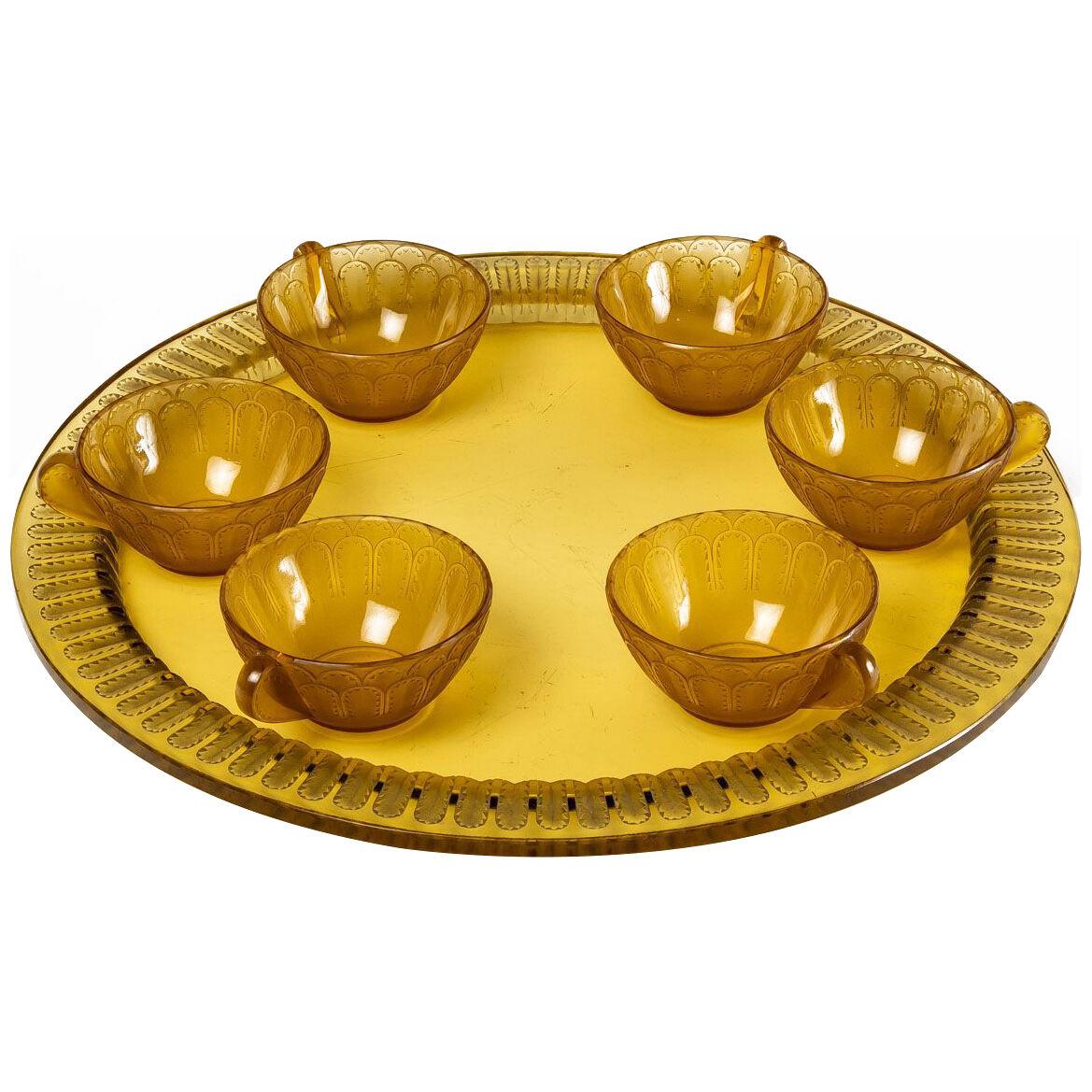 1931 René Lalique - Set Jaffa Yellow Amber Glass - 6 Cups + 1 Tray