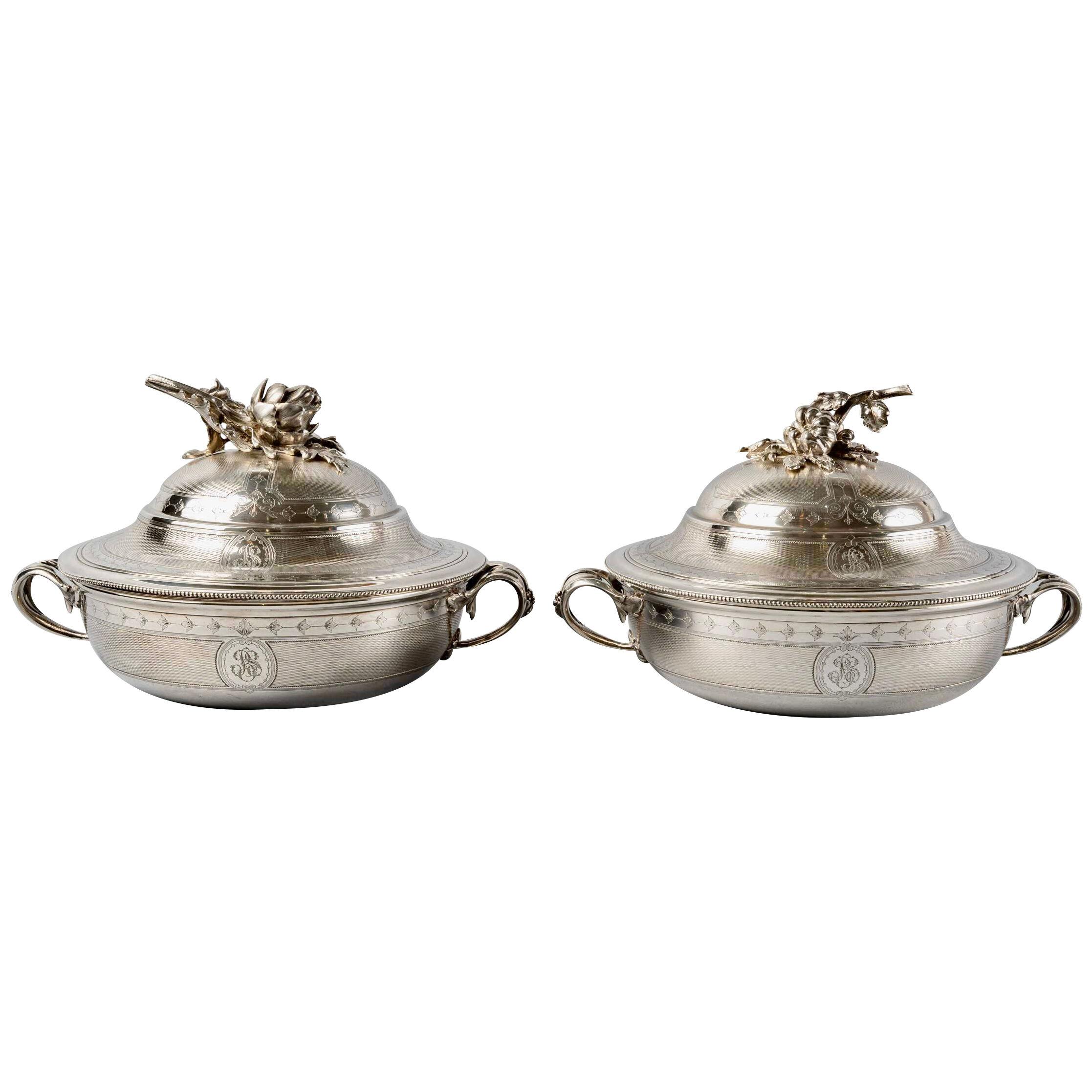 Christofle - Pair Of Tureens Guilloche Sterling Silver