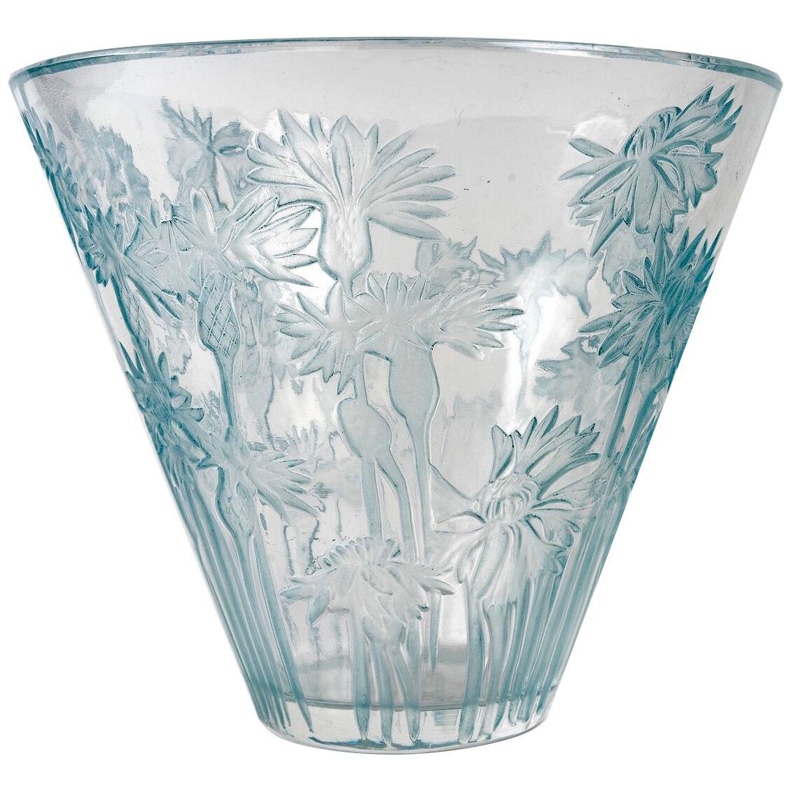 1914 René Lalique - Vase Bluets Clear Glass With Blue Patina