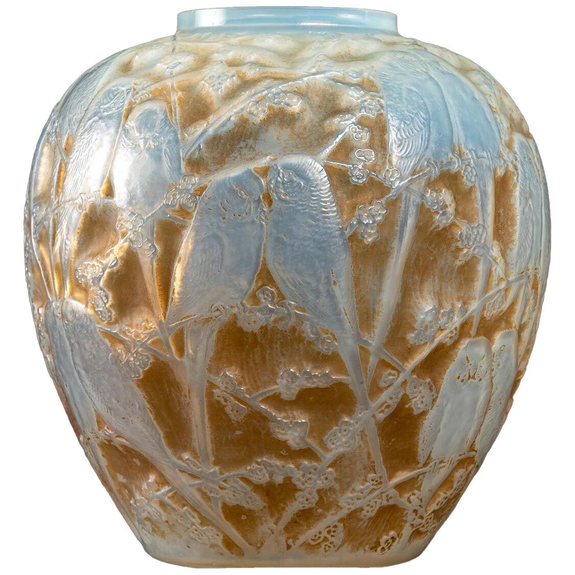 1919 René Lalique - Vase Perruches Cased Opalescent Glass Sepia Patina