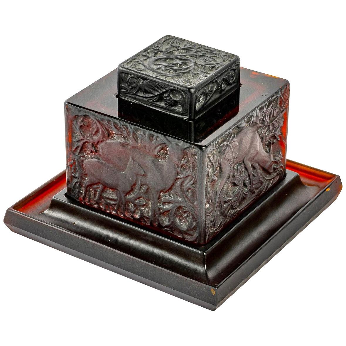 1912 René Lalique - Inkwell Biches Red Amber Glass 