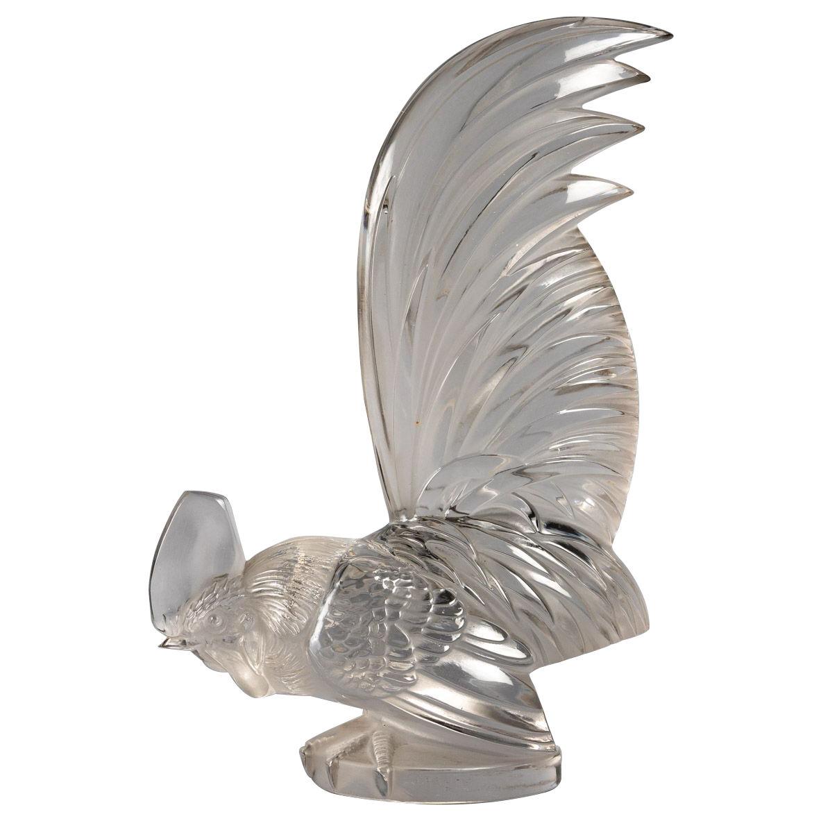 1928 René Lalique - Car Mascot Hood Ornament Coq Nain Frosted Glass - Rooster