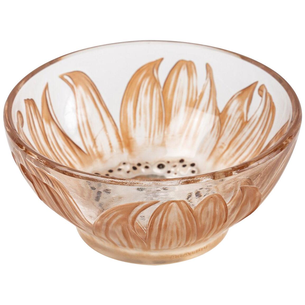 1912 Rene Lalique - Bowl Fleur Glass With Sepia Patina And Black Enamel