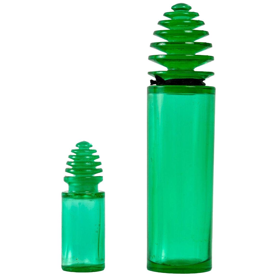 1929 René Lalique Pair Of Perfume Bottles Sans Adieu Emerald Green Glass Worth