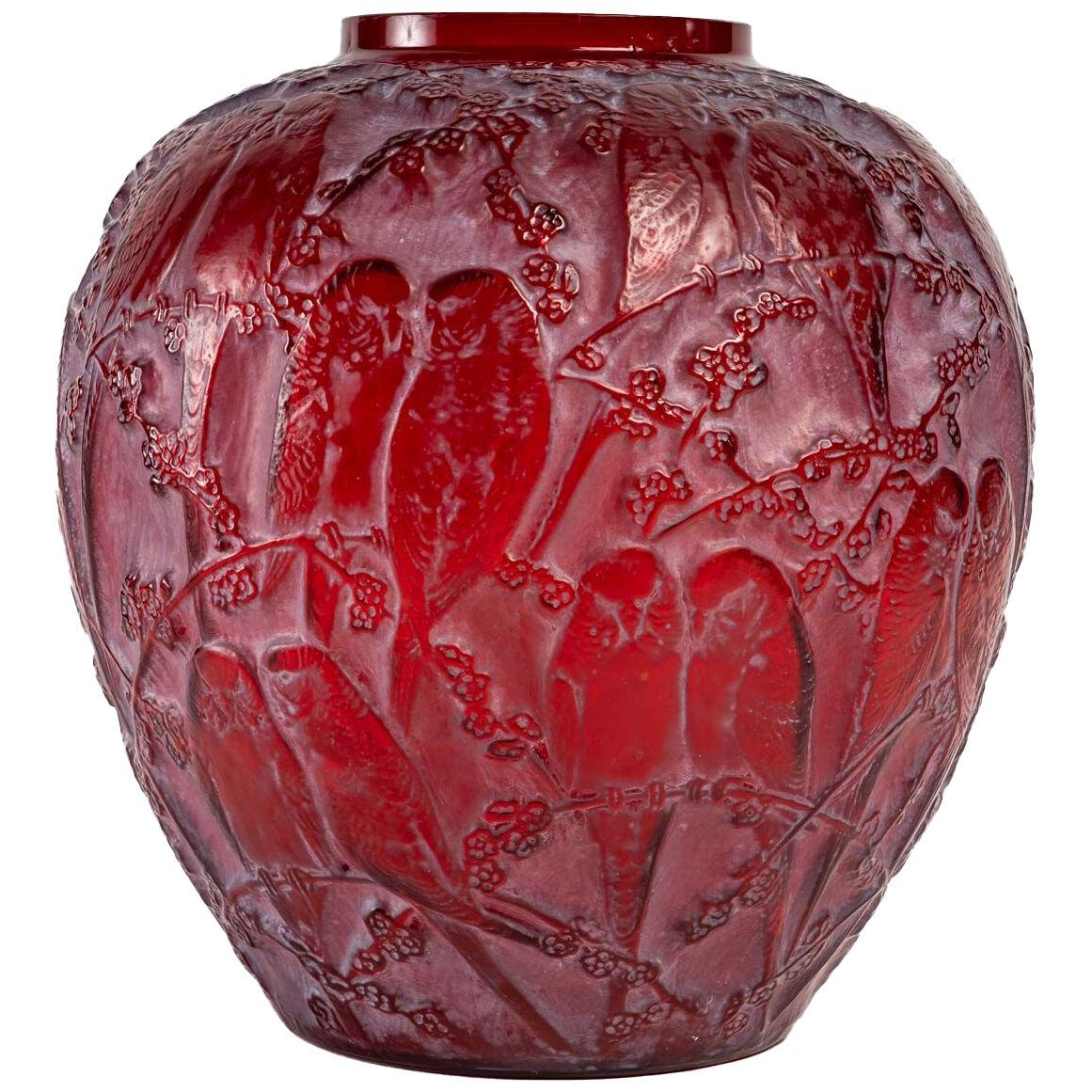 1919 Rene Lalique - Vase Perruches Cased Red Glass With White Patina