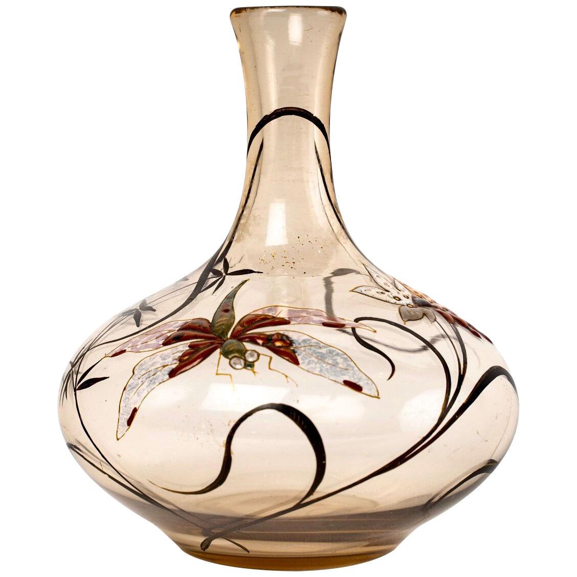 Emile Gallé - Vase Cristallerie Smoked Glass Enamelled Dragonfly And Flowers