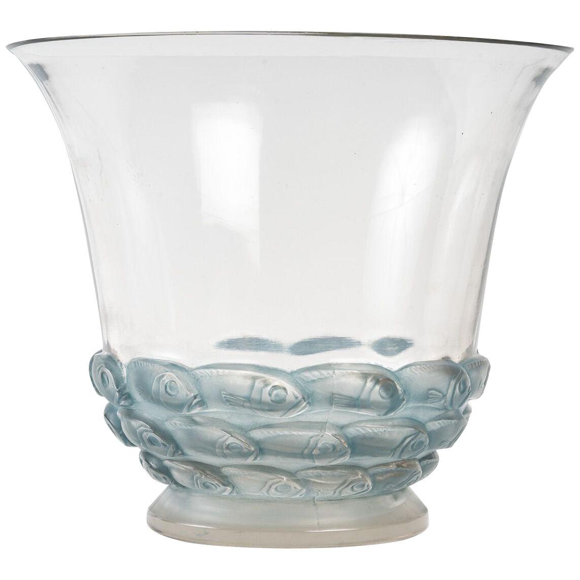 1930 René Lalique - Vase Monaco Clear And Frosted Glass With Blue Patina