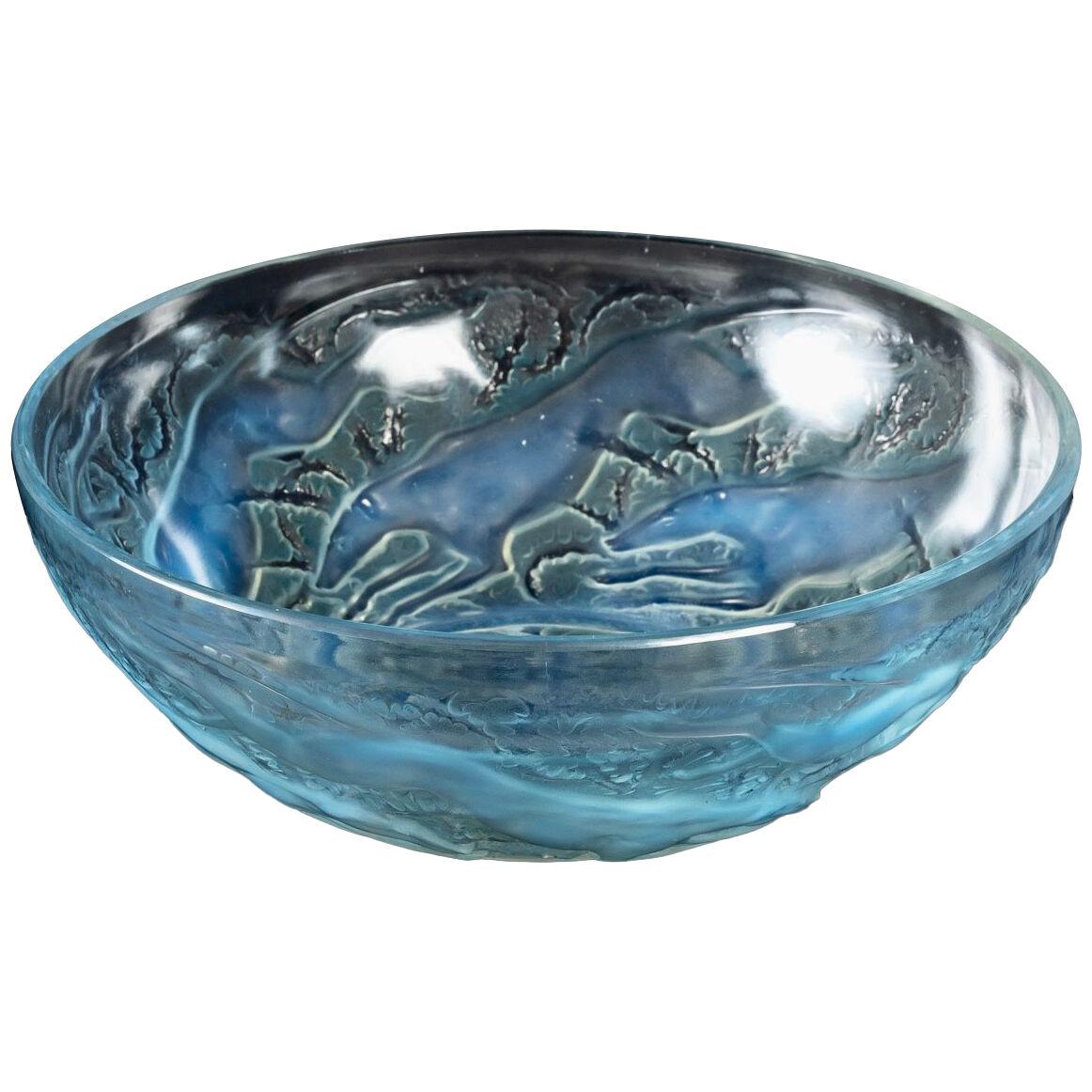 1921 René Lalique - Bowl Chiens Opalescent Glass With Blue Patina