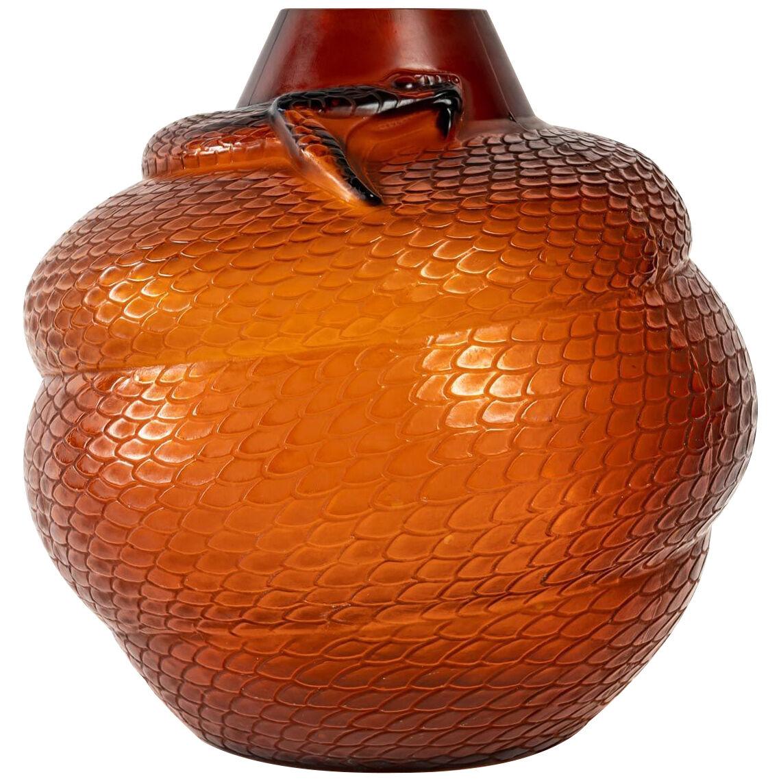 1924 René Lalique - Vase Serpent Orange Amber Glass - Snake
