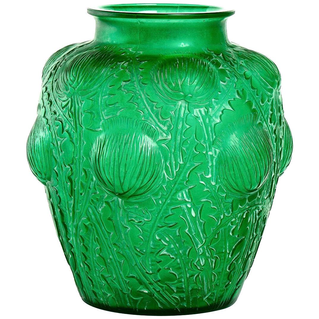 1926 René Lalique - Vase Domremy Emerald Green Glass With White Patina