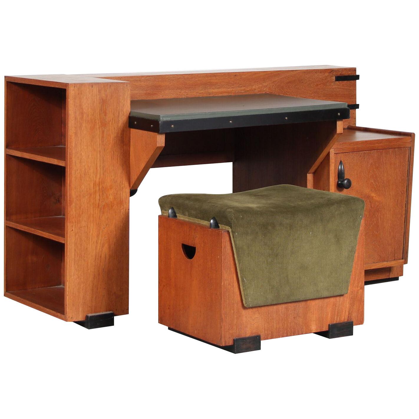 Colonial Haagse School Desk with Stool, Indonesia 1930
