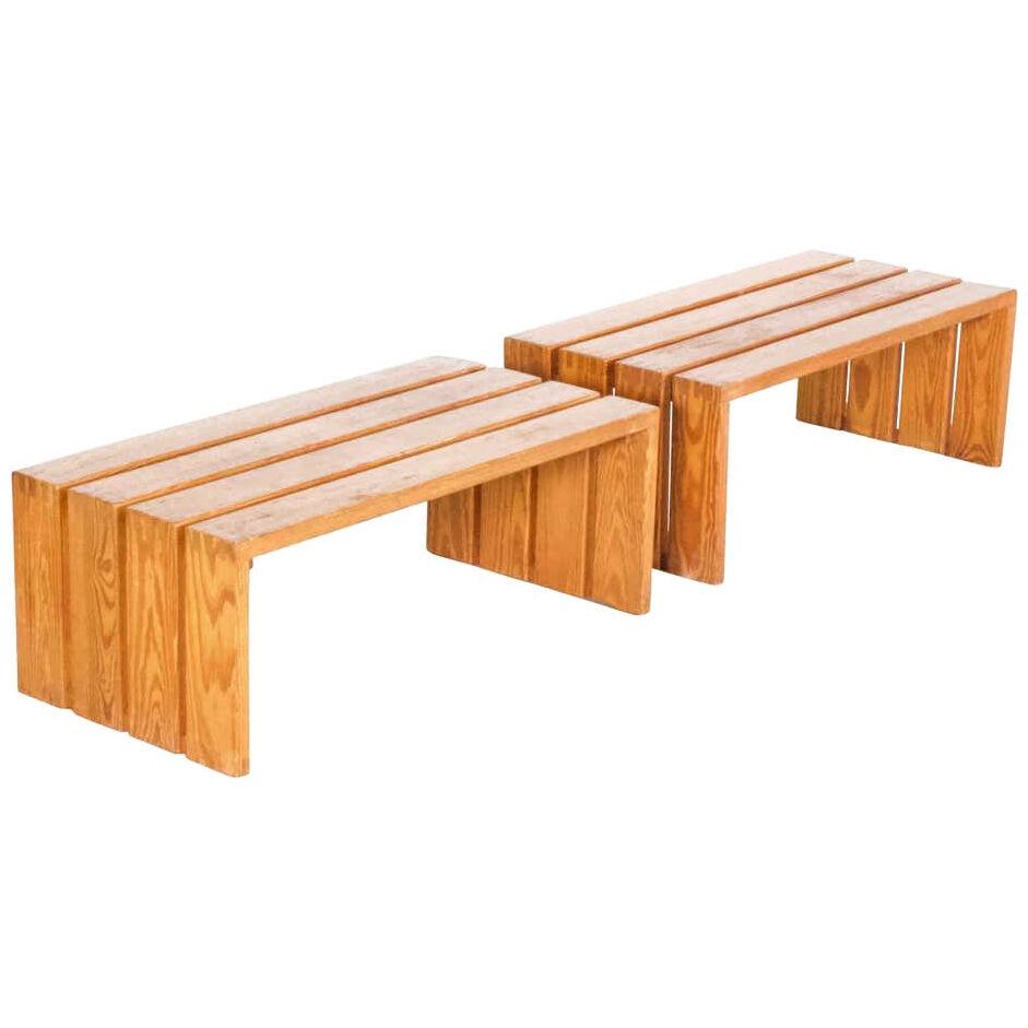 Set of French Pine Wood Benches, 1960s