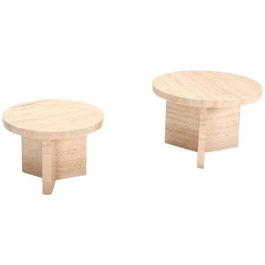 Set of Round Travertine Coffee Tables / End Tables, Italy, 1970s