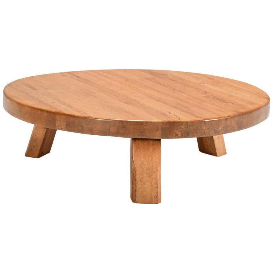 Round Impressive French Artisan Coffee Table in Solid Oak, 1960s