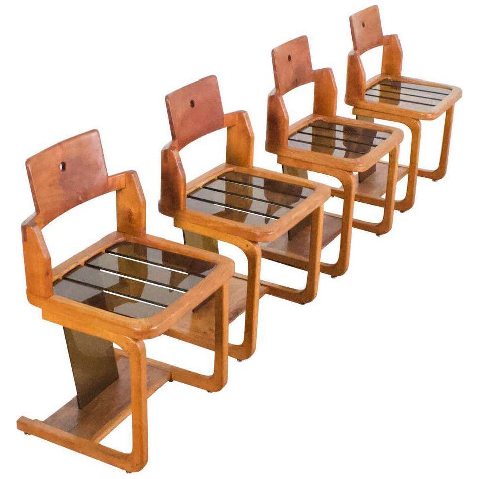 Set of Impressive French Teak Wood and Lucite Chairs, 1960s