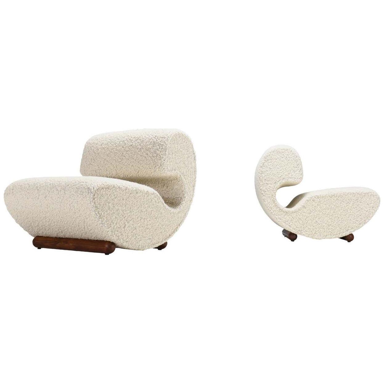 Set of Sculptural Curved Chairs in a Thick Bouclé, Italy, 1960s