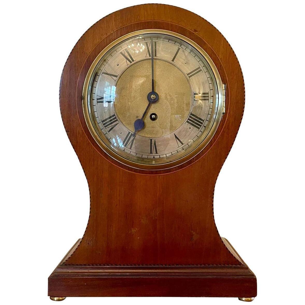 Large Antique Edwardian Inlaid Mahogany Balloon Shaped Mantel Clock