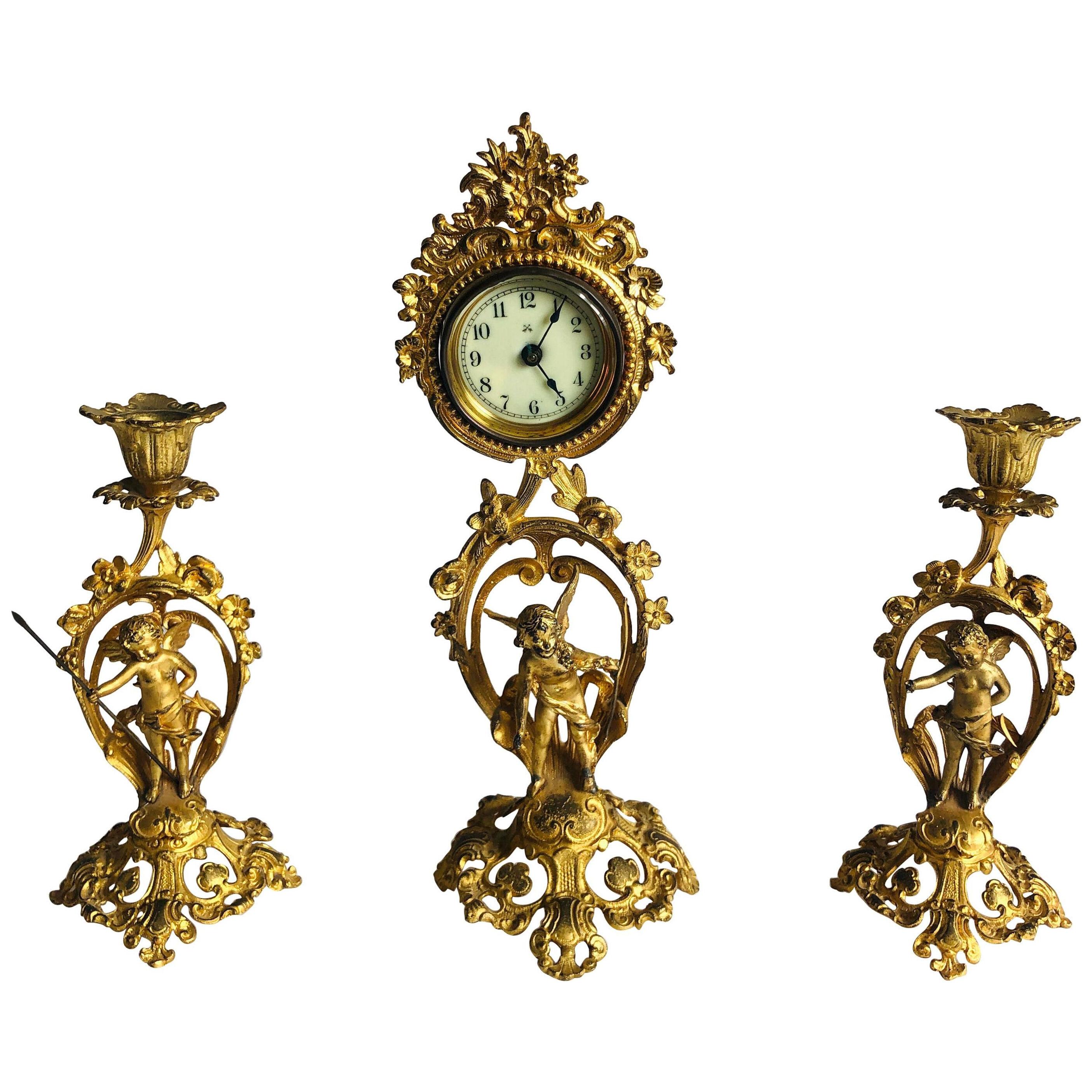 Fine Victorian Ornate Gilded Clock Set