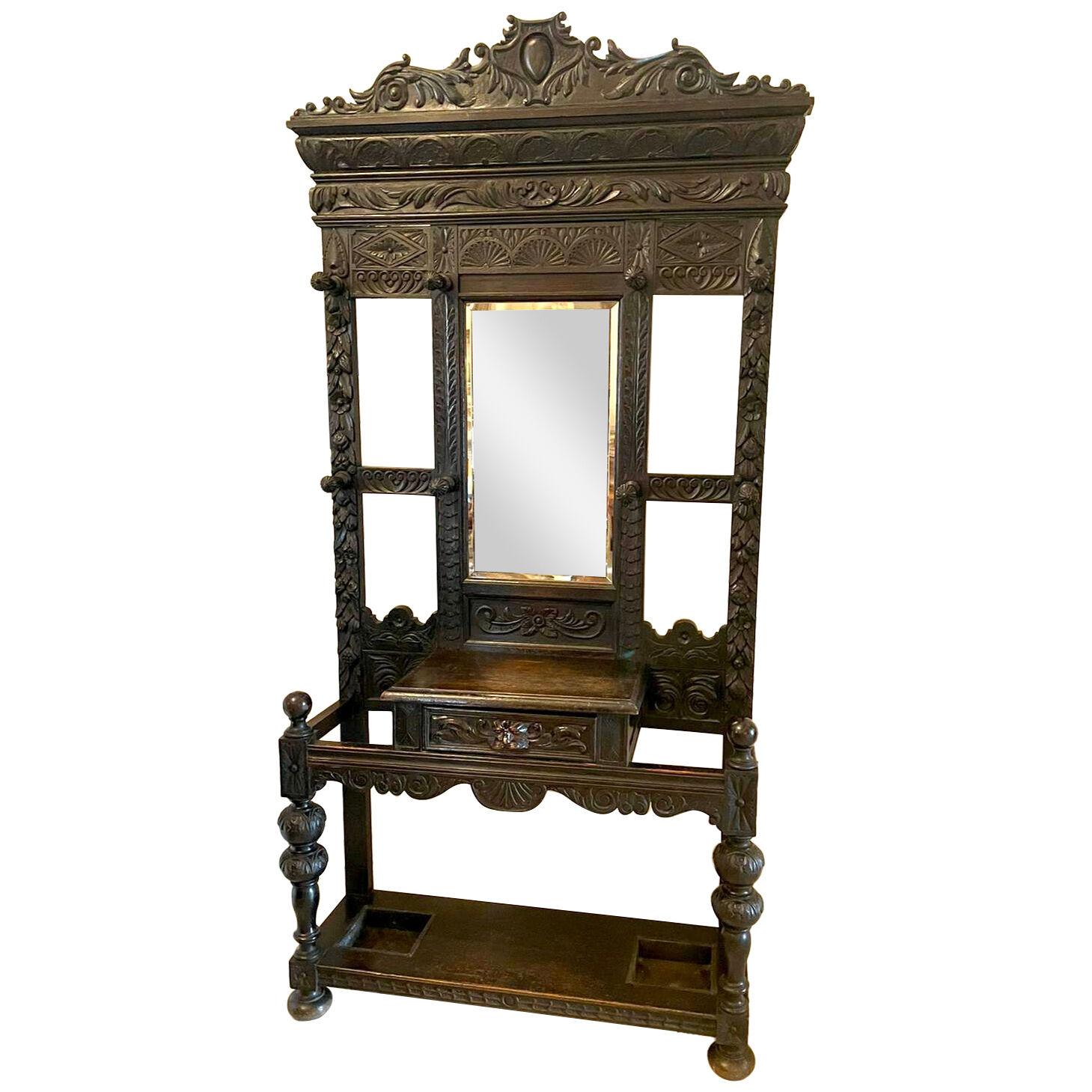 Large Antique Victorian Quality Carved Oak Hall Stand 