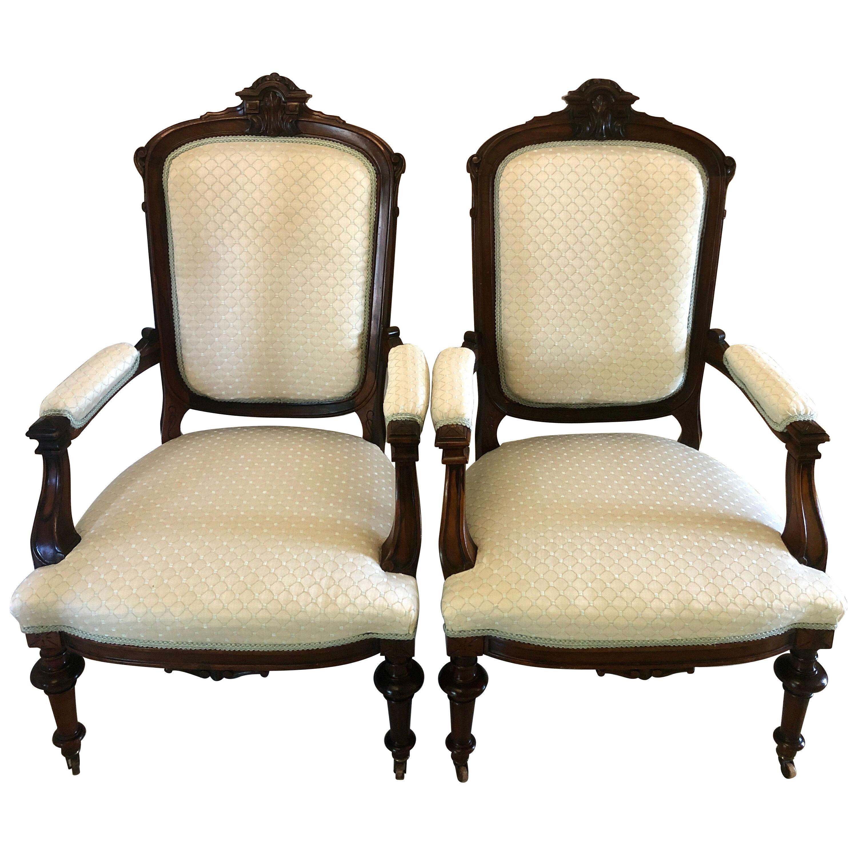 Fine Pair of Victorian Carved Hardwood Library Chairs