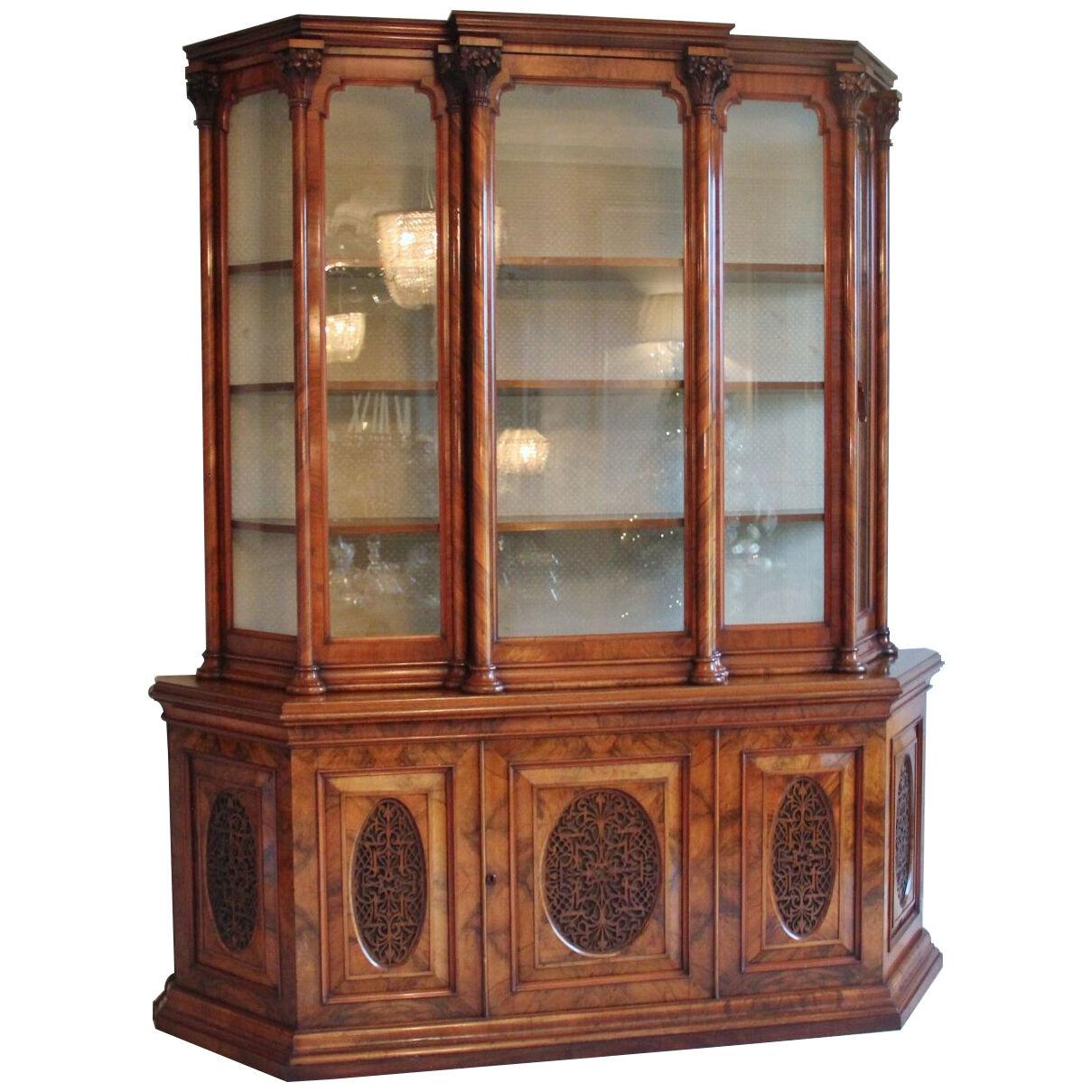  Antique Victorian Burr Walnut Carved Breakfront Display Cabinet