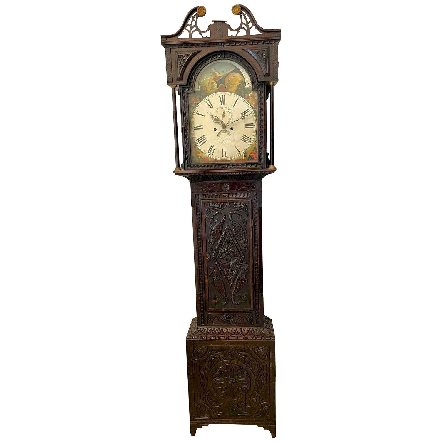 Antique George III Quality Carved Oak Moon Phase Longcase Clock