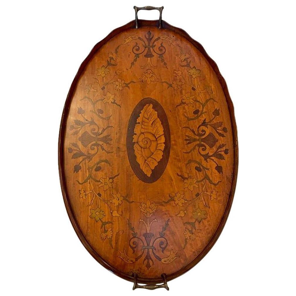 Antique Victorian Quality Oval Satinwood Inlaid Tray