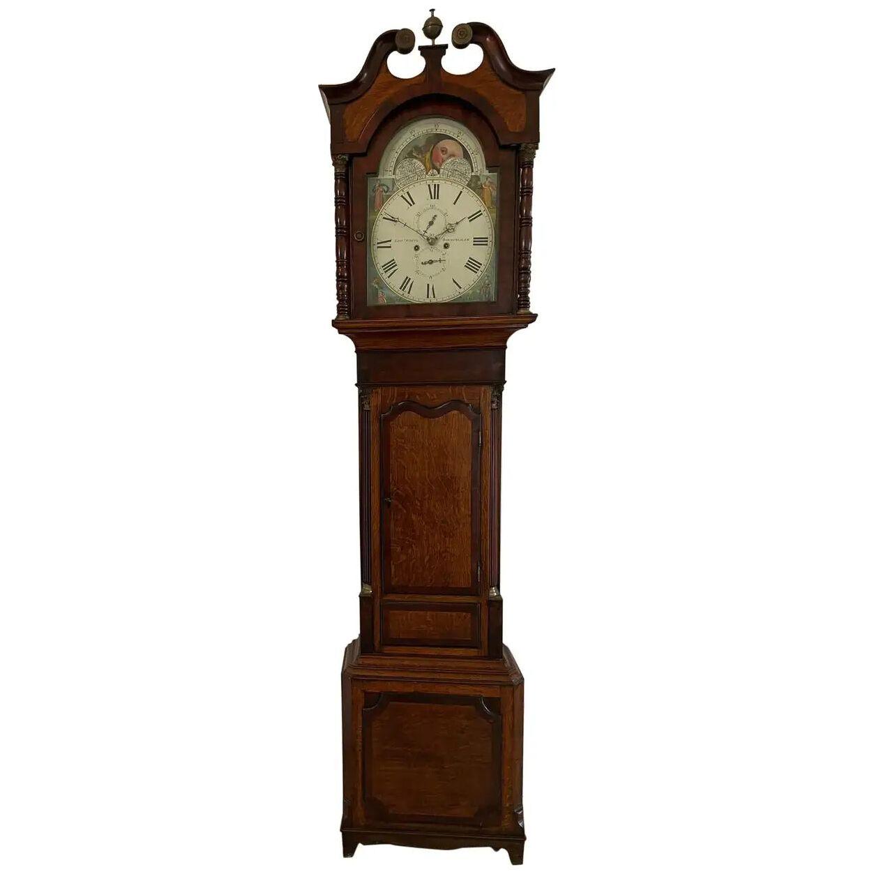 Antique Quality Oak and Mahogany Longcase Clock with 8 Day Moon Phase Movement