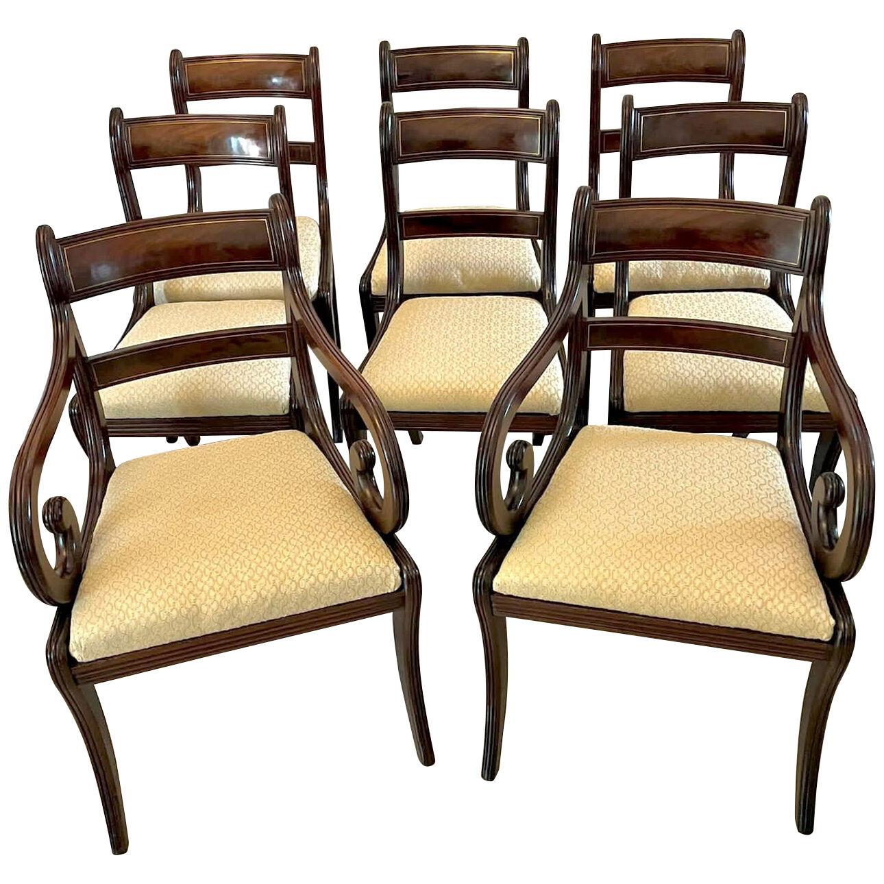 Fine Quality Set of 8 Regency Mahogany Brass Inlaid Dining Chairs 